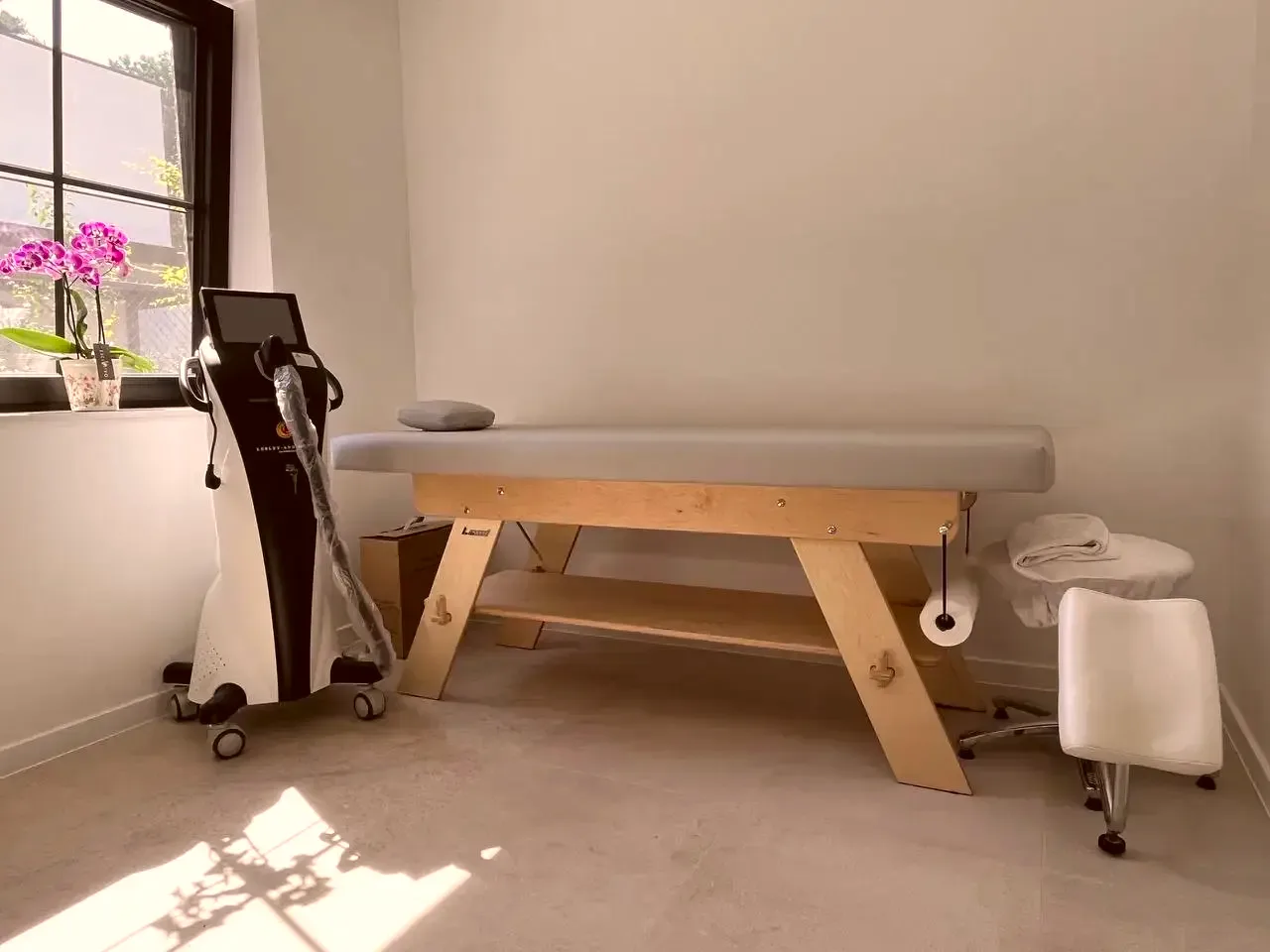 Laserontharingstoestel naast de behandeltafel in de behandelkamer van Mendela Beauty Studio in Zoersel